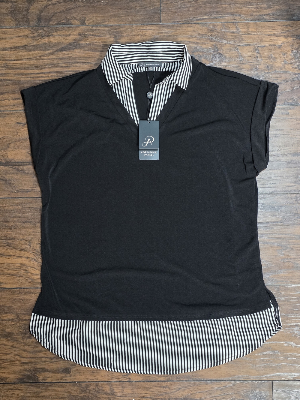 Adrianna Papell Black Striped Tunic Blouse XS NWT